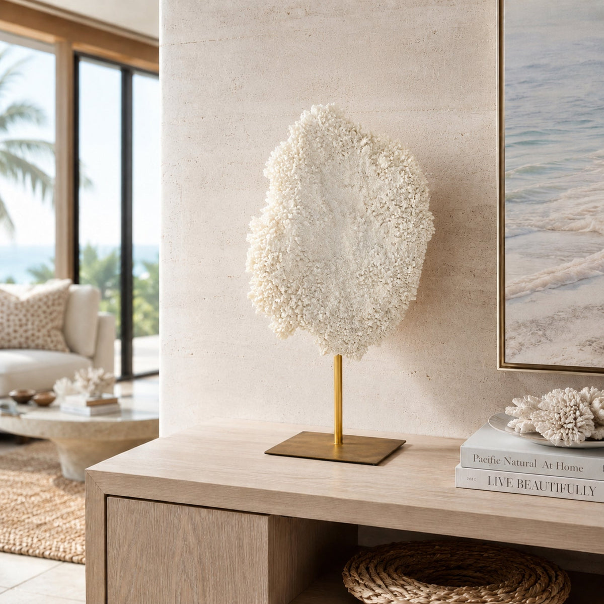 White Coral Sculpture Gold Base 30 in