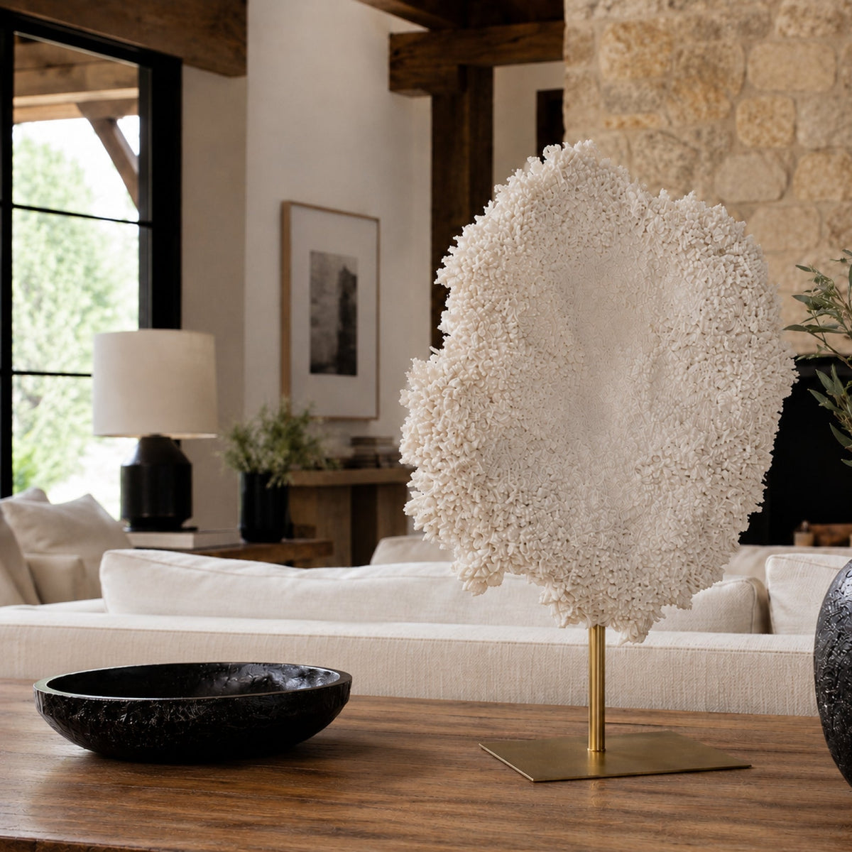 White Coral Sculpture Gold Base 30 in