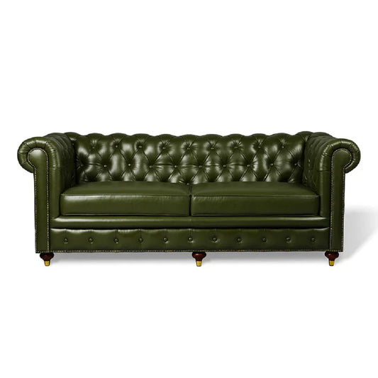Midcentury Modern Tufted Genuine Leather Chesterfield Sofa Green