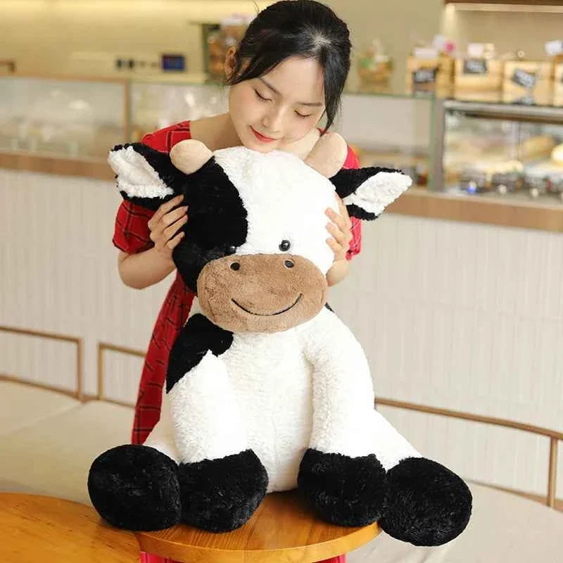 Peluche vache laitière assise Kawaii – Jouet en peluche réaliste (25–70 cm)