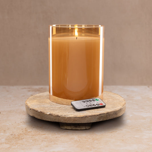 Amber Flameless LED Hurricane Glass Candle – Warm Glow, Battery-Operated, Safe Home Décor Lighting