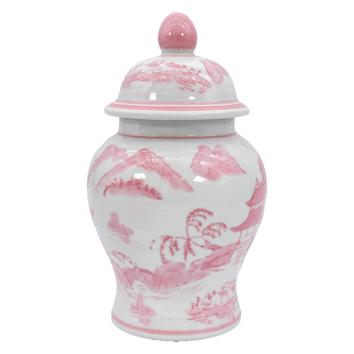 Small Pink and White Chinoiserie Ceramic Decorative Tea & Ginger Jar - 8 Inches