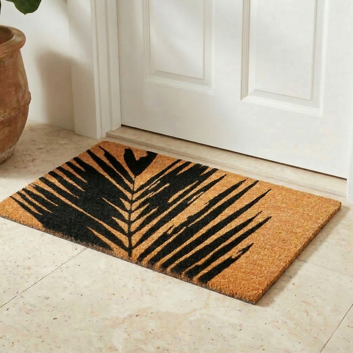 Paillasson en fibre de coco motif feuilles de palmier estival