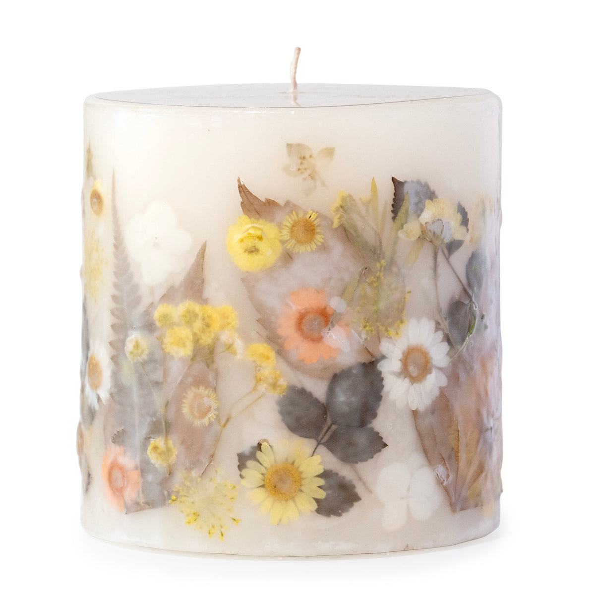 Bougie pilier aux fleurs séchées Marguerite ensoleillée