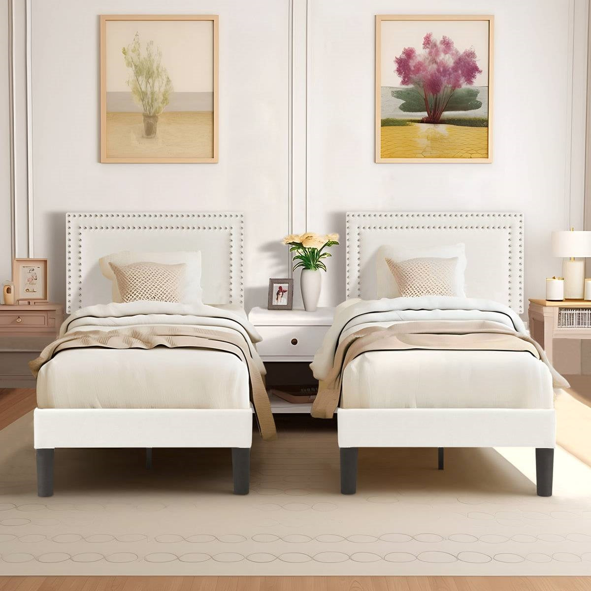 Set di 2 - Struttura per letto a piattaforma imbottita con testiera, colore bianco, misura singola (Twin)