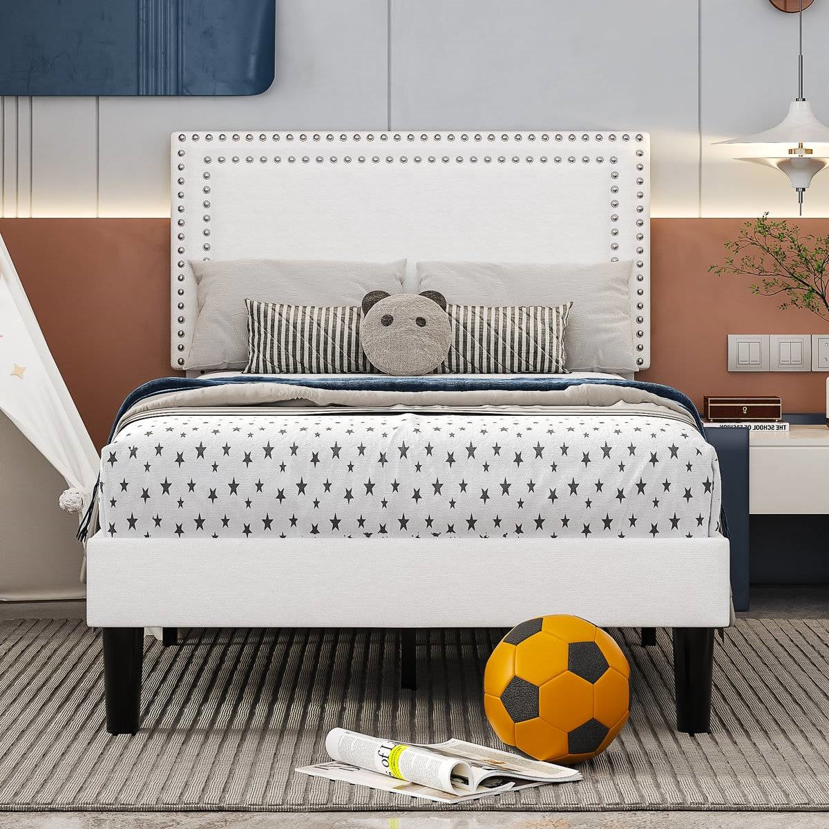 Set di 2 - Struttura per letto a piattaforma imbottita con testiera, colore bianco, misura singola (Twin)