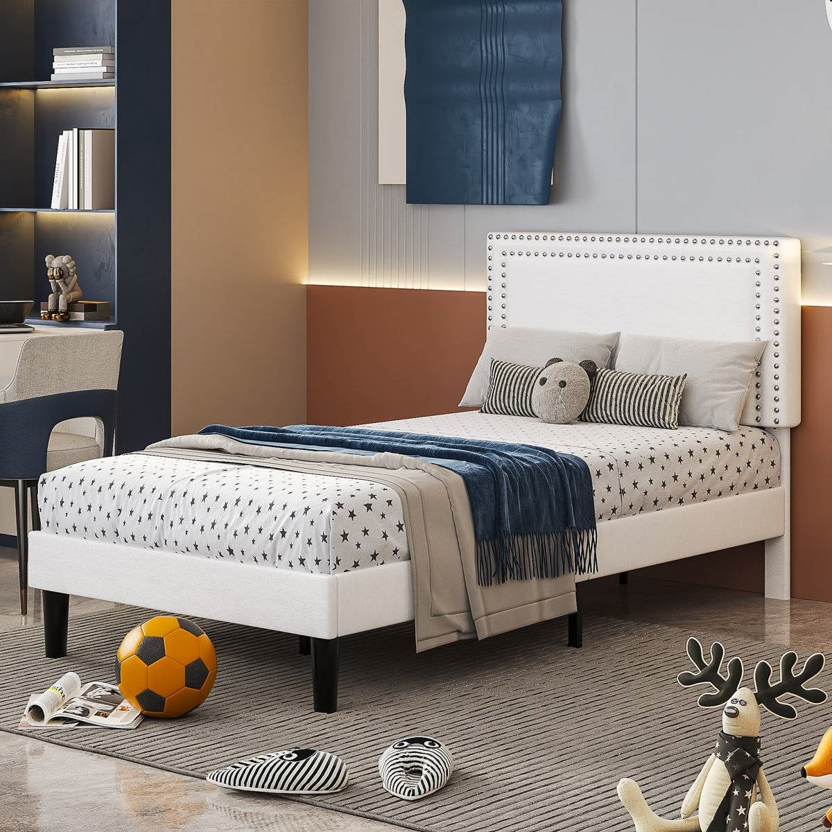 Set di 2 - Struttura per letto a piattaforma imbottita con testiera, colore bianco, misura singola (Twin)