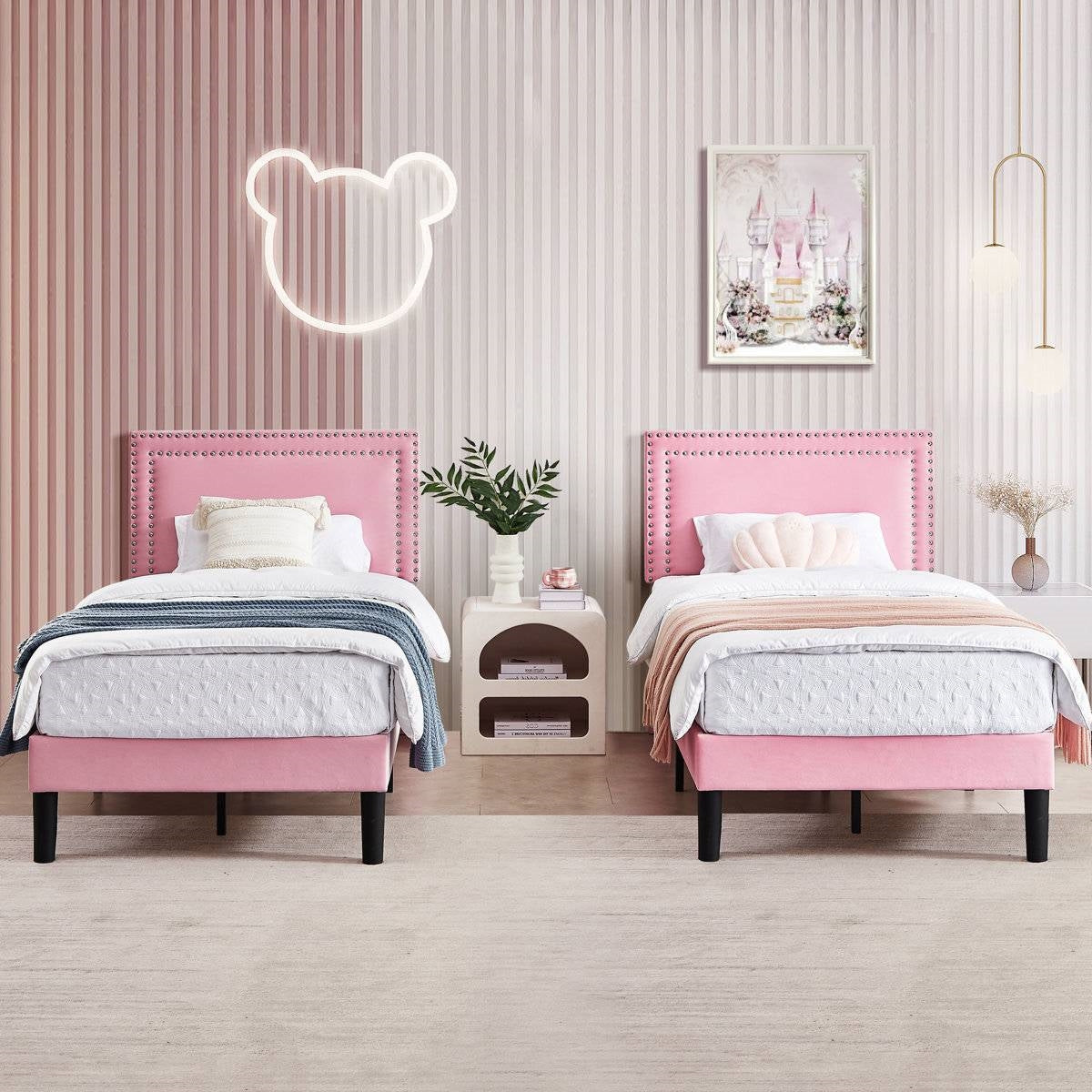Lot de 2 - Lit plateforme capitonné rose taille double avec tête de lit cloutée