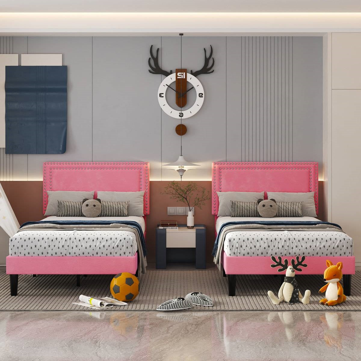Lot de 2 - Lit plateforme capitonné rose taille double avec tête de lit cloutée