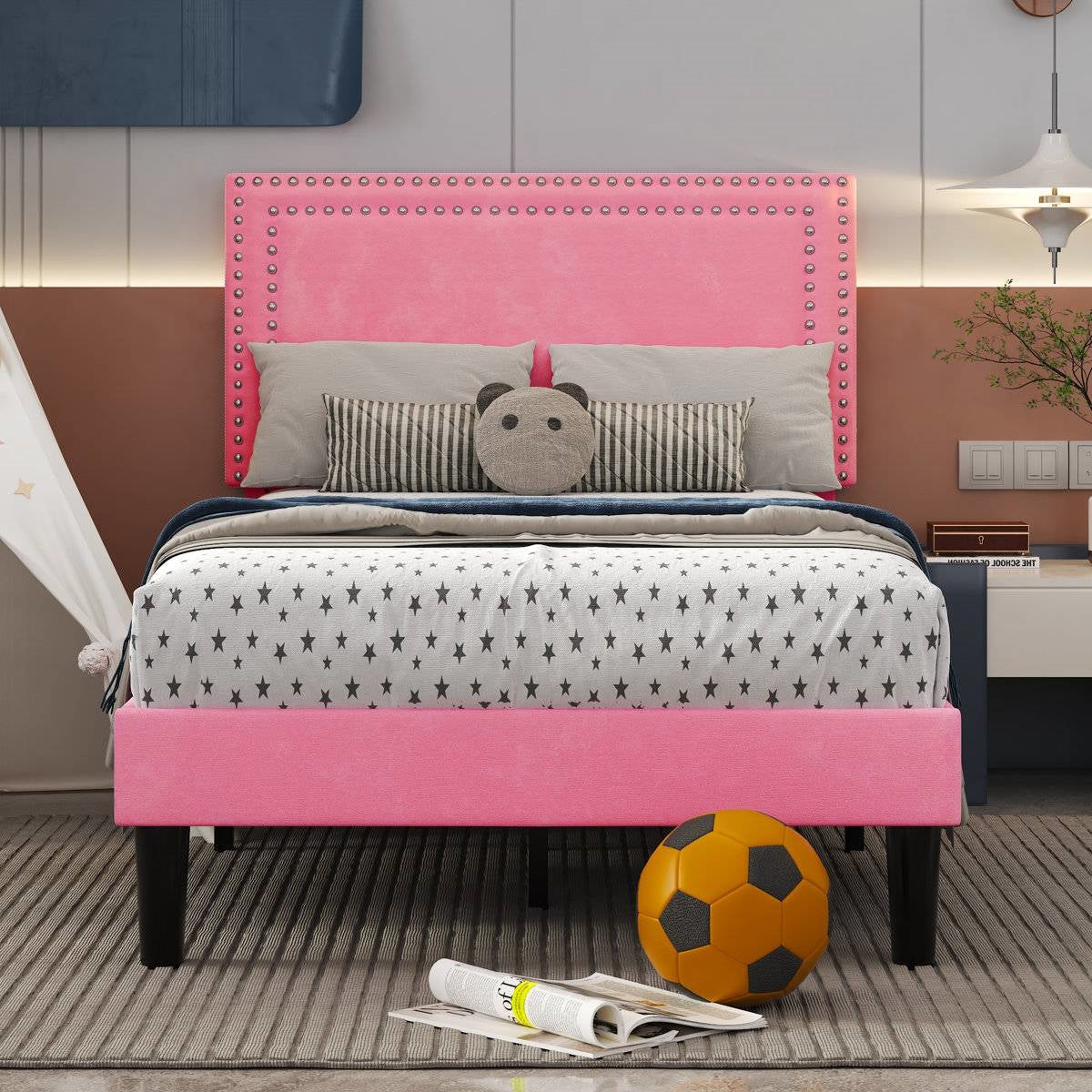 Lot de 2 - Lit plateforme capitonné rose taille double avec tête de lit cloutée