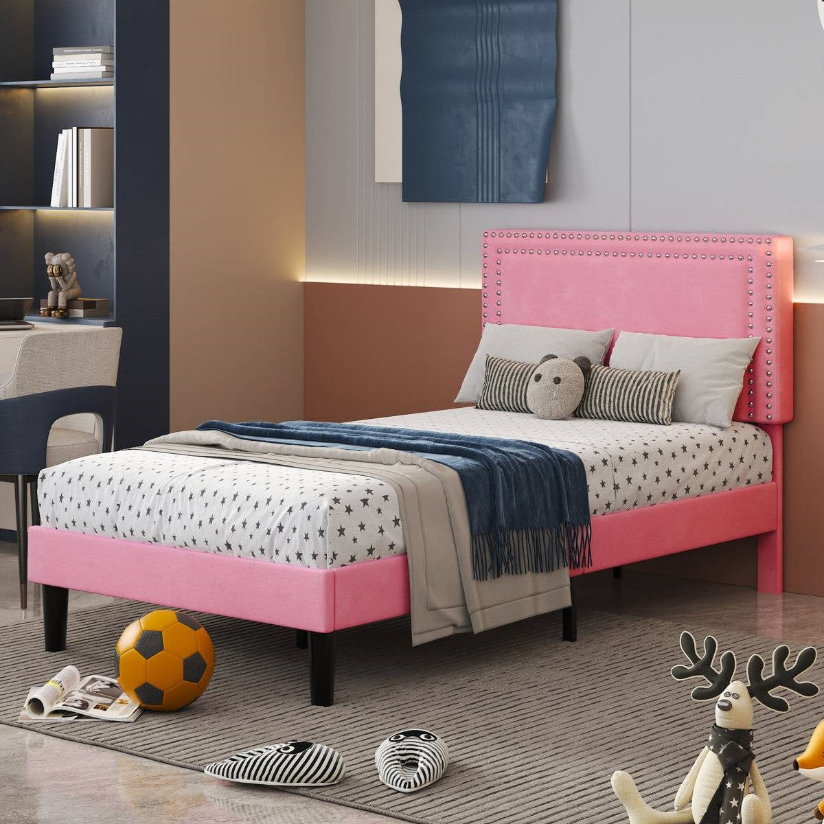 Lot de 2 - Lit plateforme capitonné rose taille double avec tête de lit cloutée