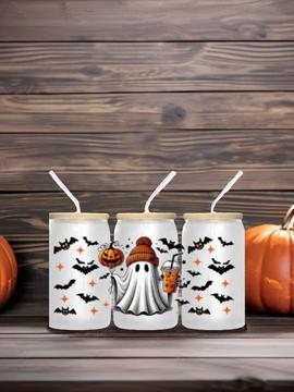Gobelet en verre 16 oz fantôme mignon pour Halloween – Couvercle et paille, cadeau pour la saison effrayante