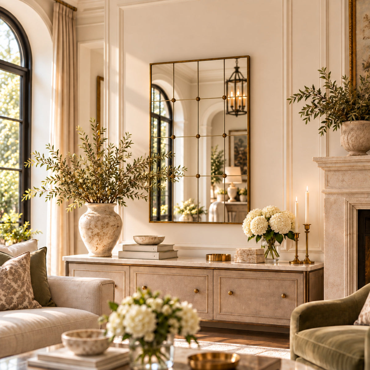 Franco Windowpane Wall Mirror Antique Gold 55 in