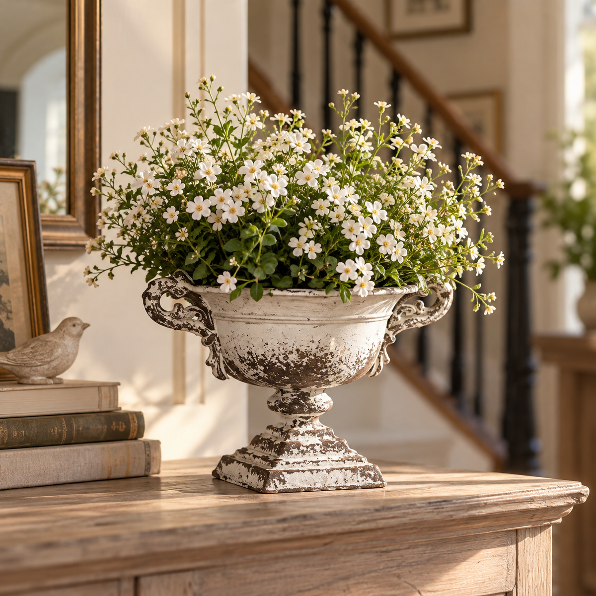 Distressed White Iron Urn