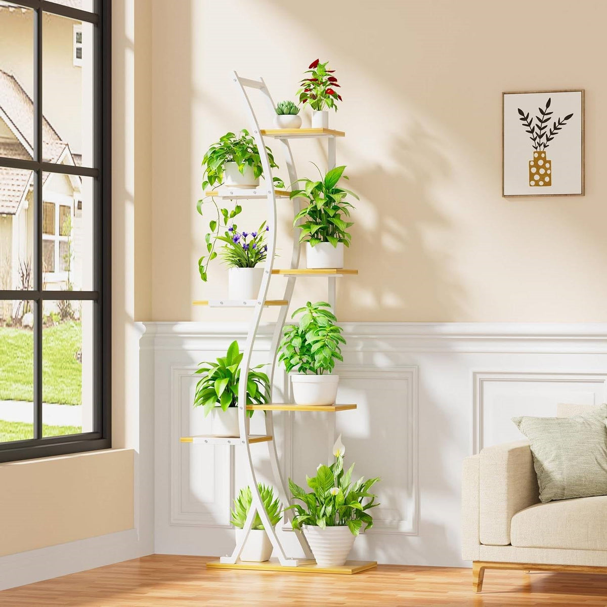 Supporto per piante da interno alto 160 cm con struttura in metallo bianco e ripiani con finitura in legno