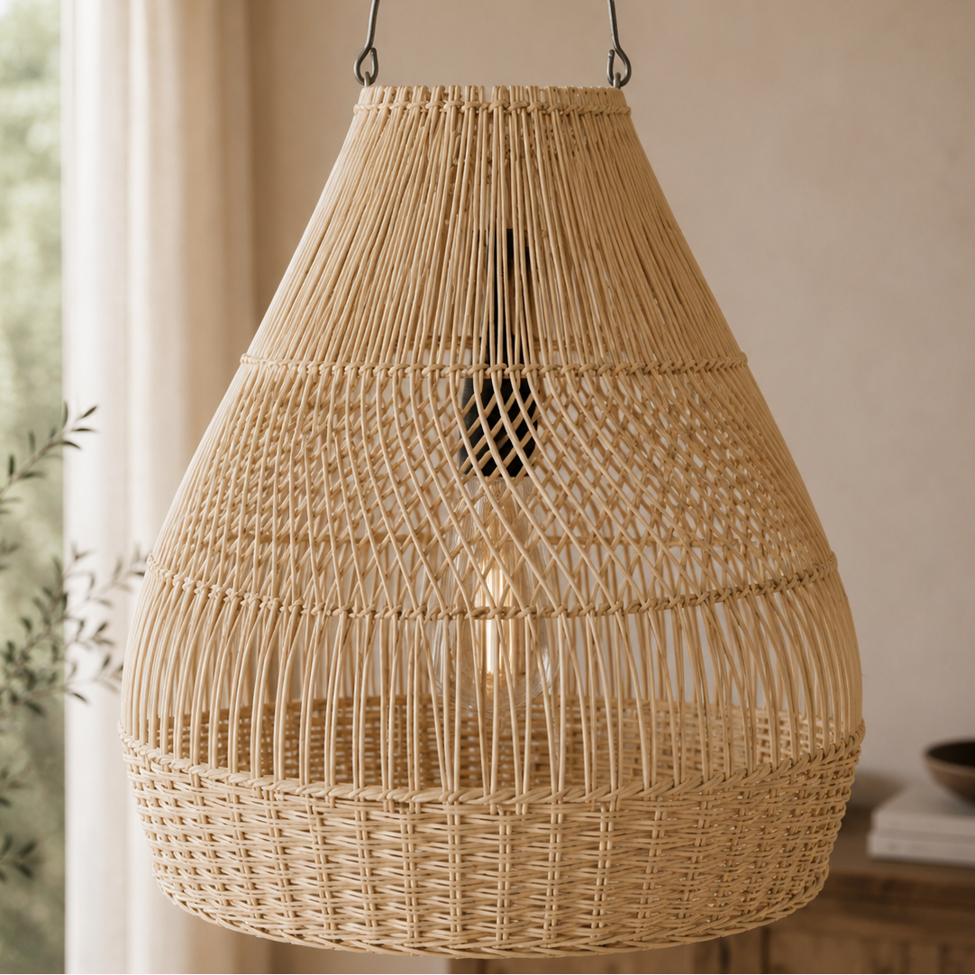 Suspension lumineuse Tessa, lanterne sculpturale en rotin tressé