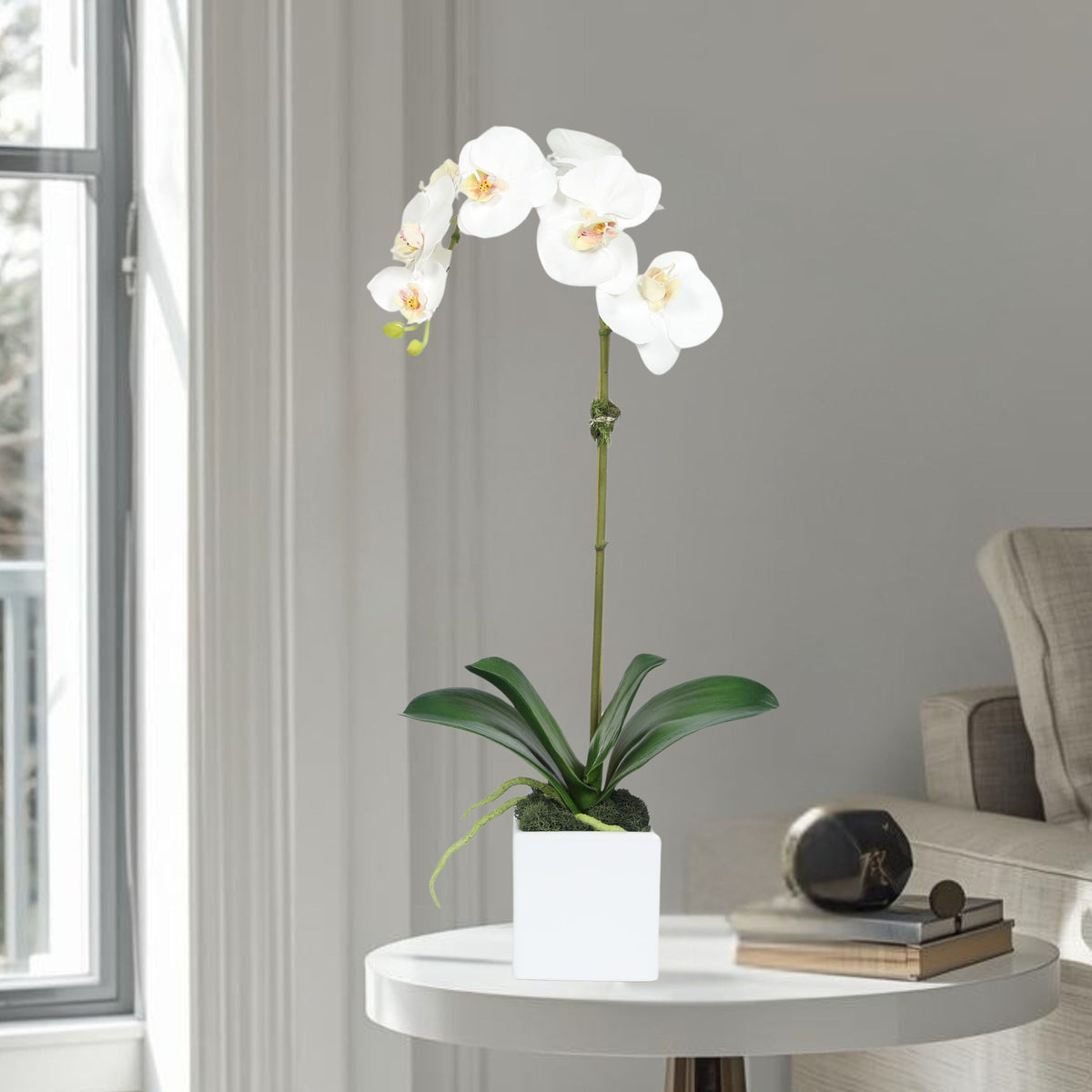 Orchidée artificielle dans vase carré - 50 cm