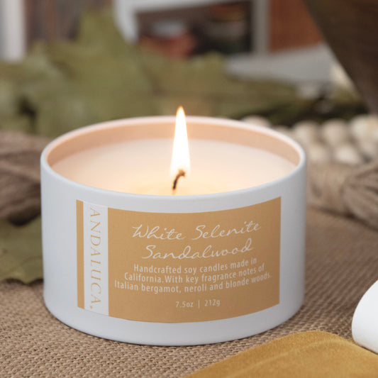 White Selenite Sandalwood 6 oz. Tin Candle