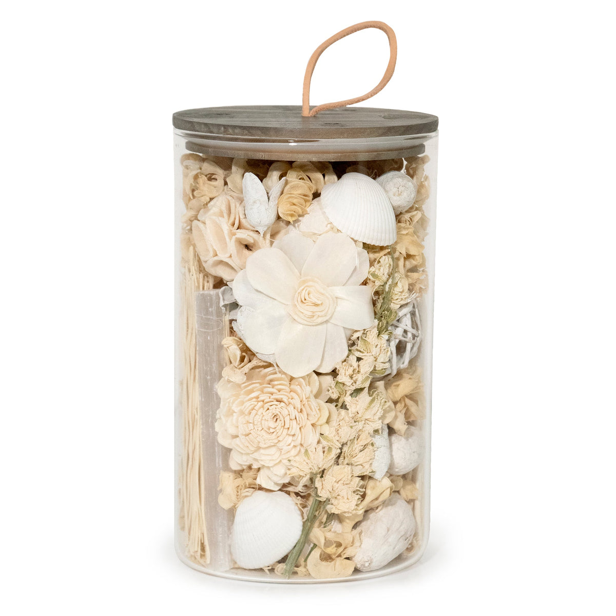 Pot-pourri en pot de sélénite blanche et bois de santal