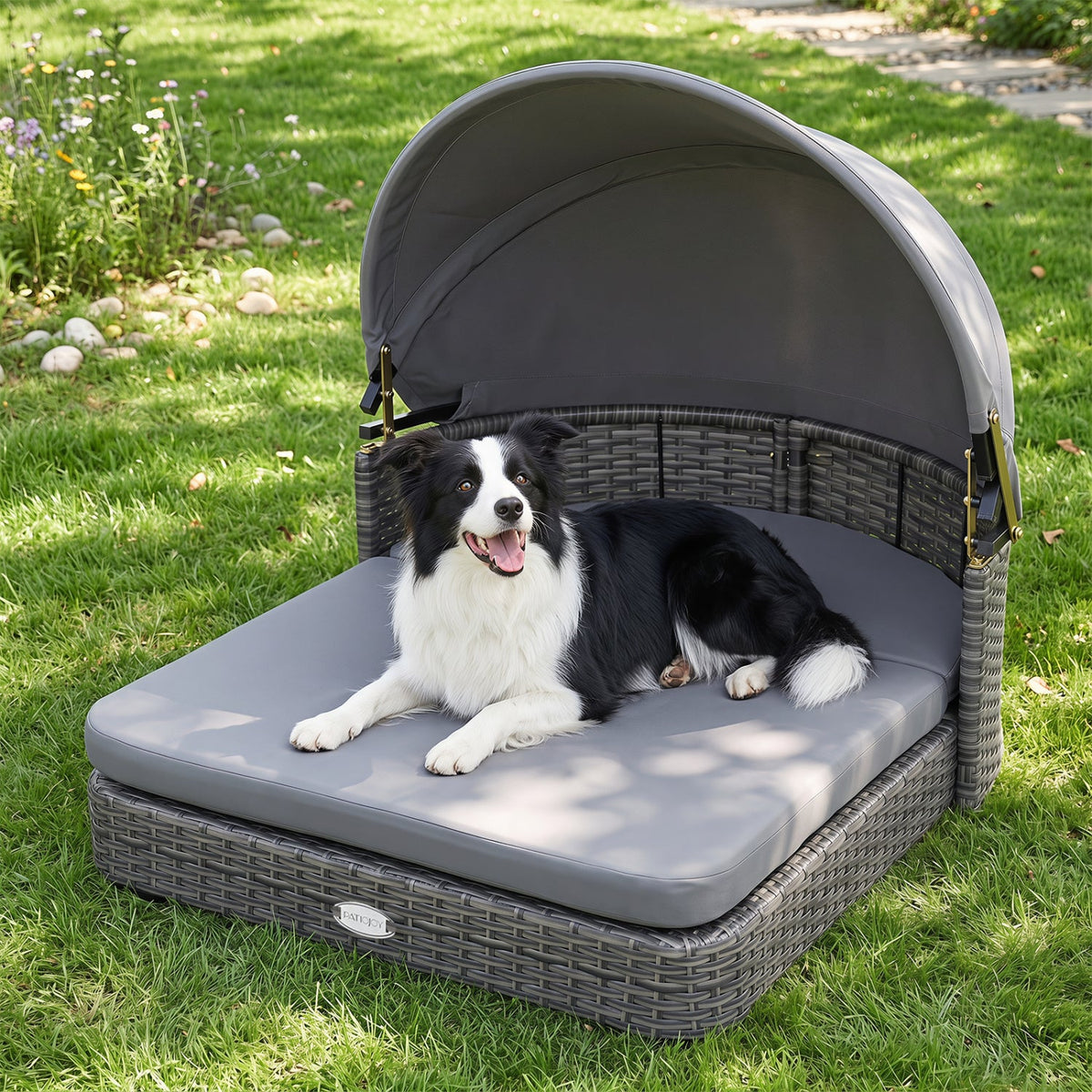 Cuccia per cani in vimini con tettuccio regolabile e cuscini