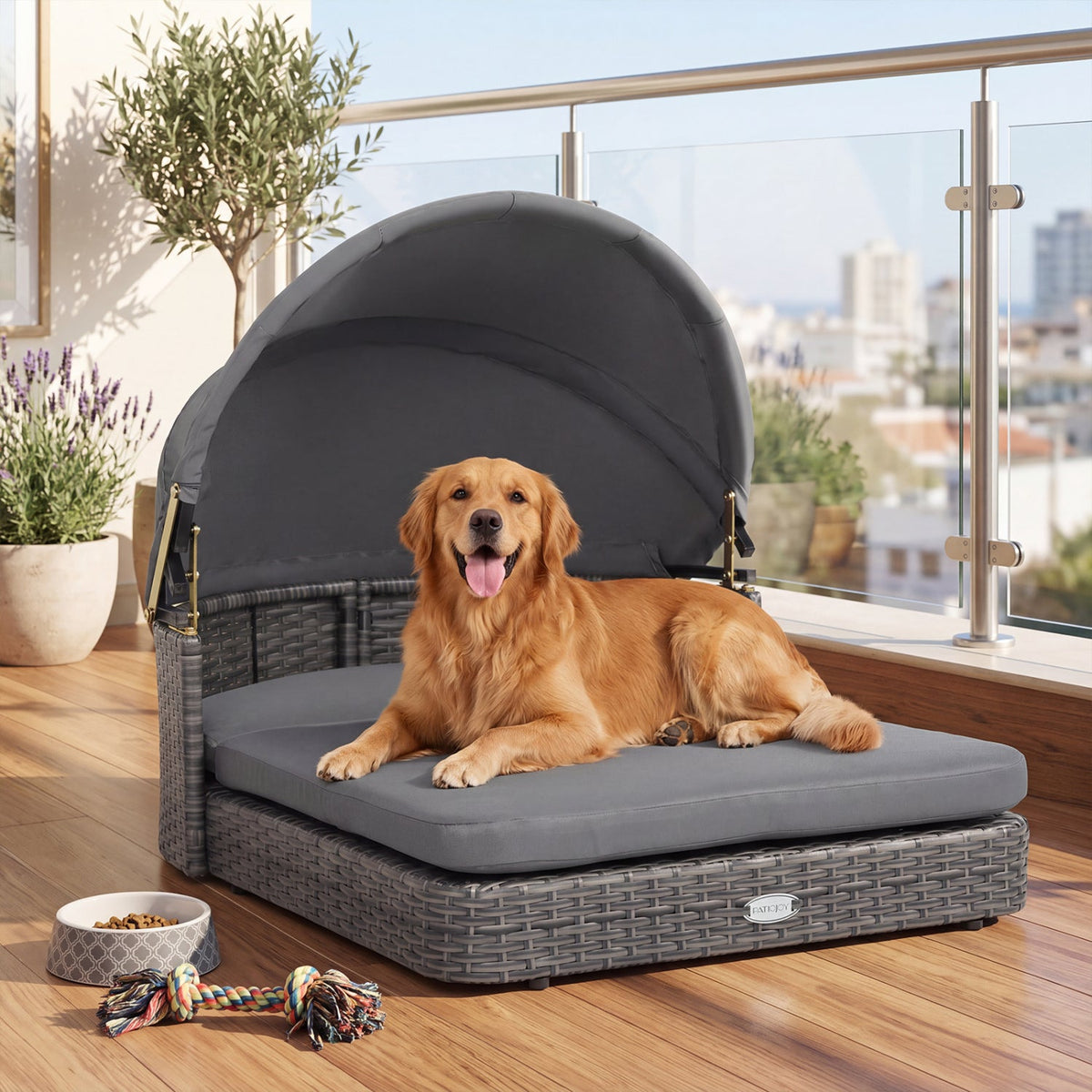Cuccia per cani in vimini con tettuccio regolabile e cuscini