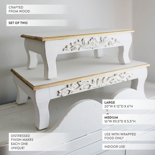 Antique Inspired Ornate White Wood Risers, Set of Two