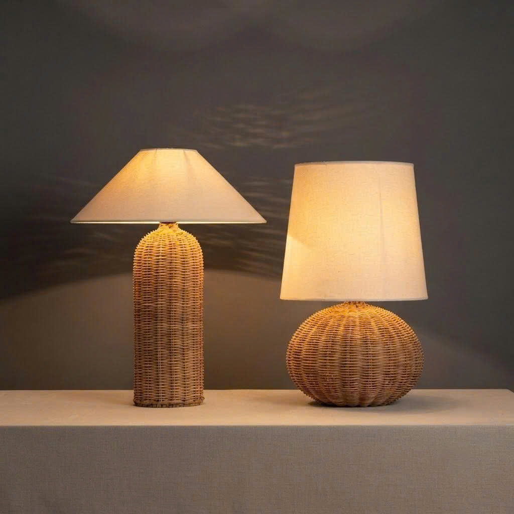 Natural Rattan and Fabric Table Light | Modern Coastal Desk Lamp