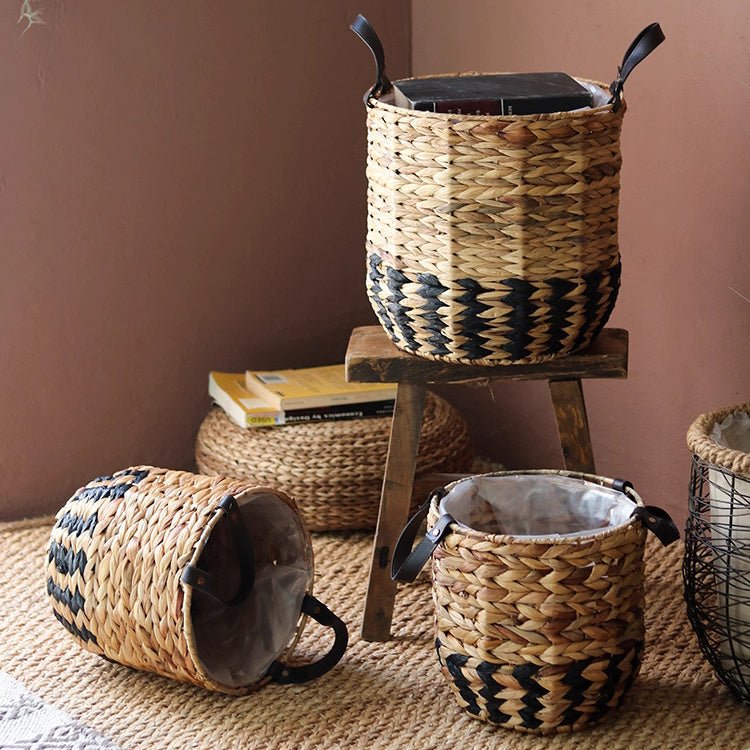 Jardinière panier bicolore avec anses en cuir