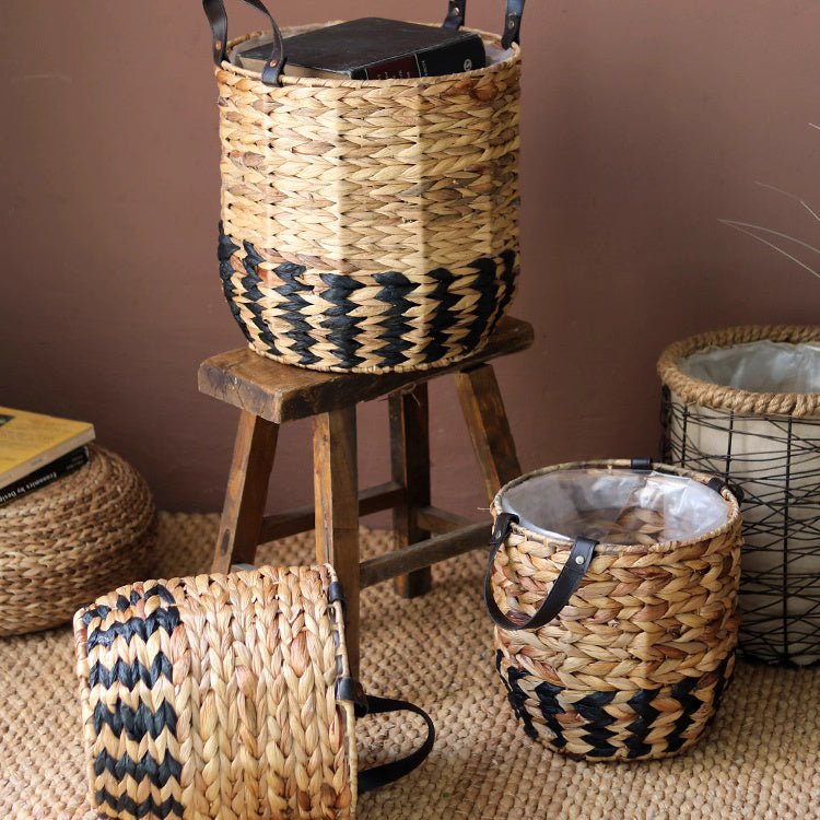 Jardinière panier bicolore avec anses en cuir