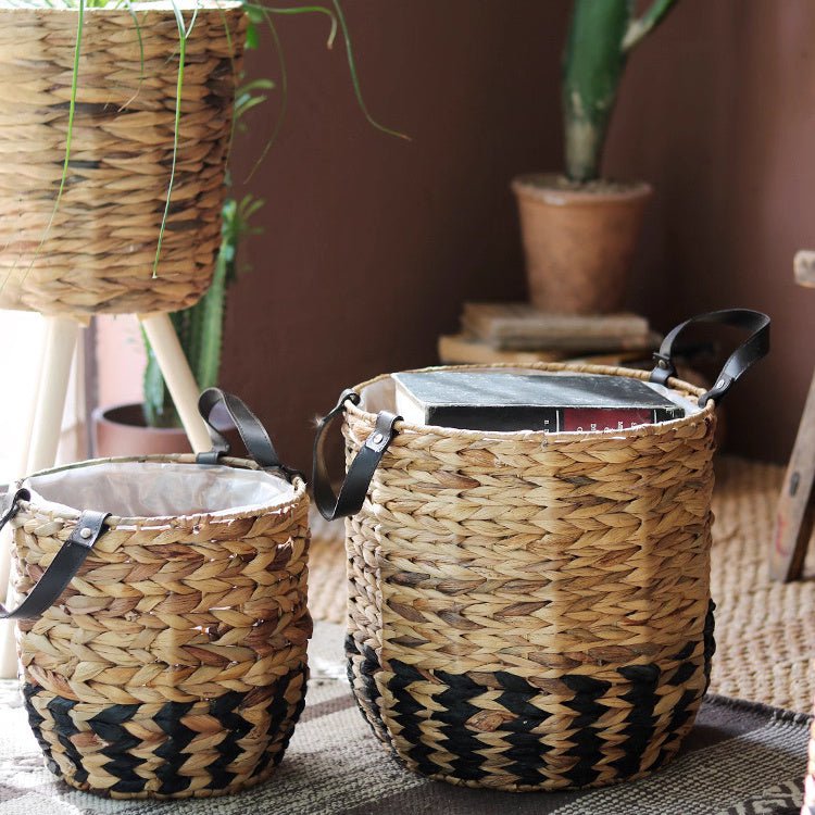 Jardinière panier bicolore avec anses en cuir