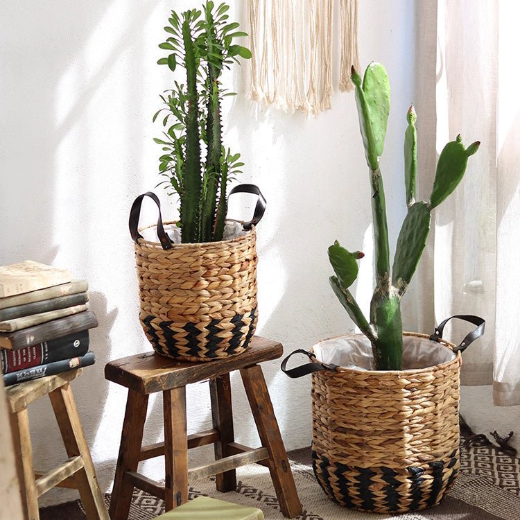 Jardinière panier bicolore avec anses en cuir