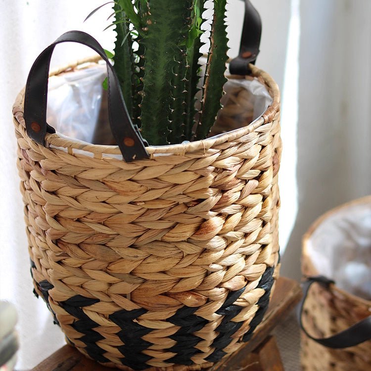 Jardinière panier bicolore avec anses en cuir