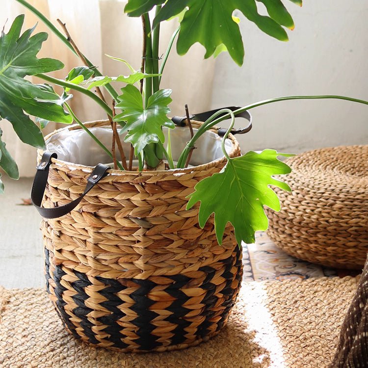 Jardinière panier bicolore avec anses en cuir