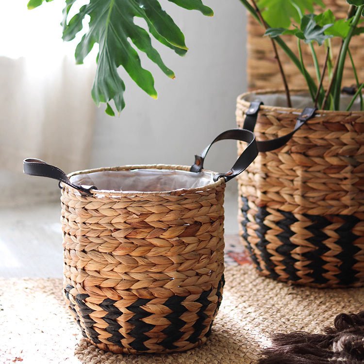 Jardinière panier bicolore avec anses en cuir