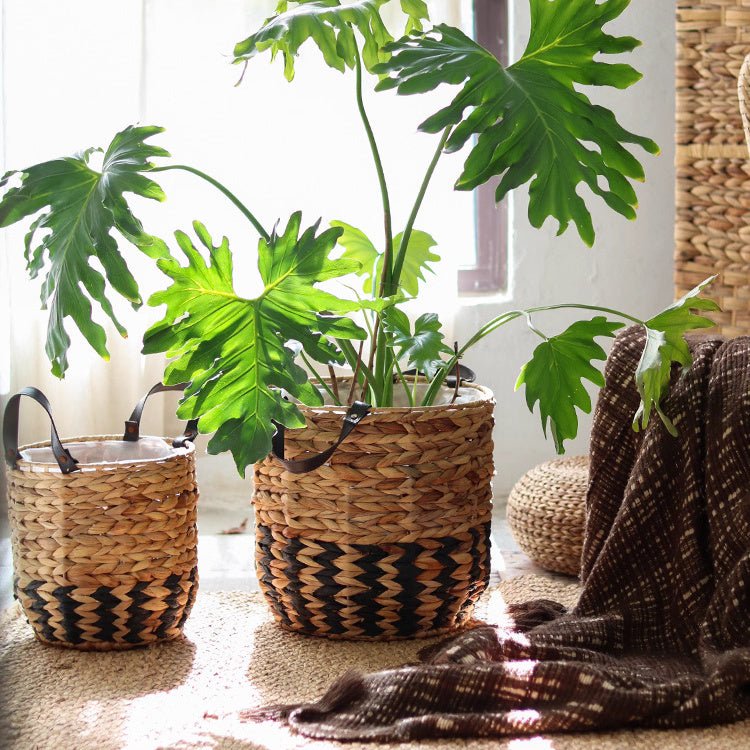 Jardinière panier bicolore avec anses en cuir