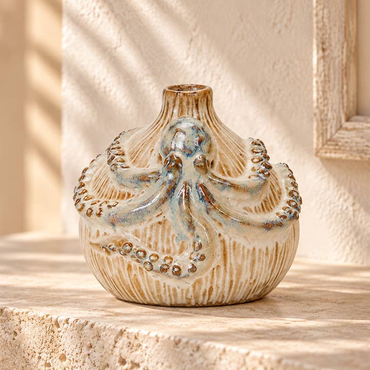 Small Cream & Ocean Blue Octopus Ceramic Vase