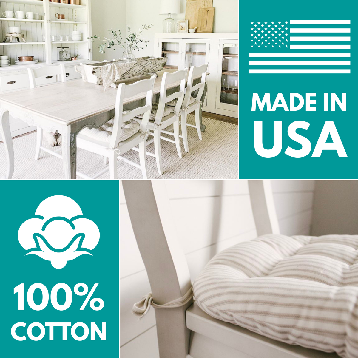 Farmhouse Check Black & White Checked Chair Pad - Made in USA - 100% Cotton - Machine Washable