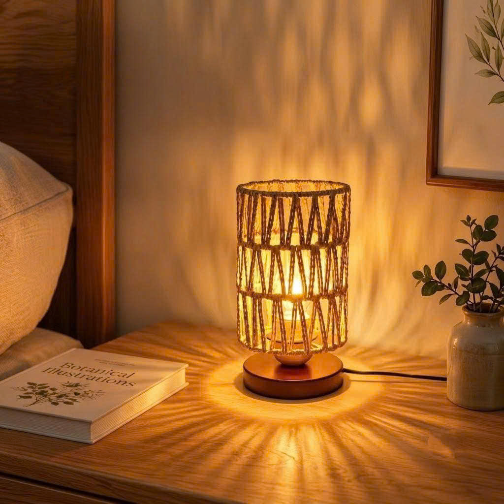 Hemp Rope Woven Table Lamp | Rustic Wooden Base Desk Light