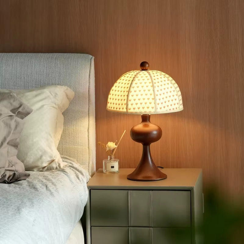 Classic Printed Fabric Shade Bedside Lamp with Carved Wooden Base