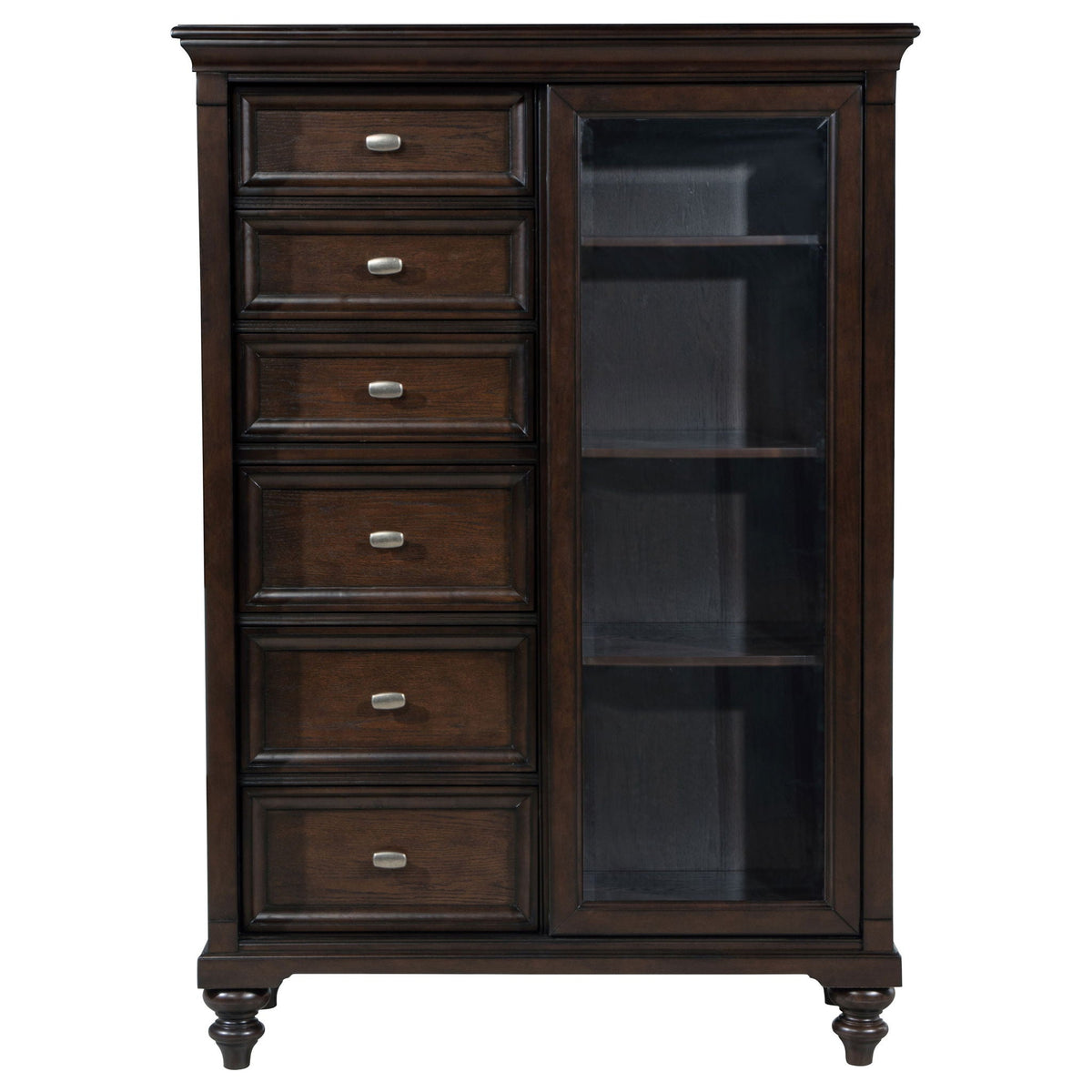 Commode Andover à 6 tiroirs avec porte en verre trempé, chêne foncé
