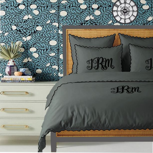 Parure de couette Monogram gris foncé, 400 fils, coton avec broderie à petites feston