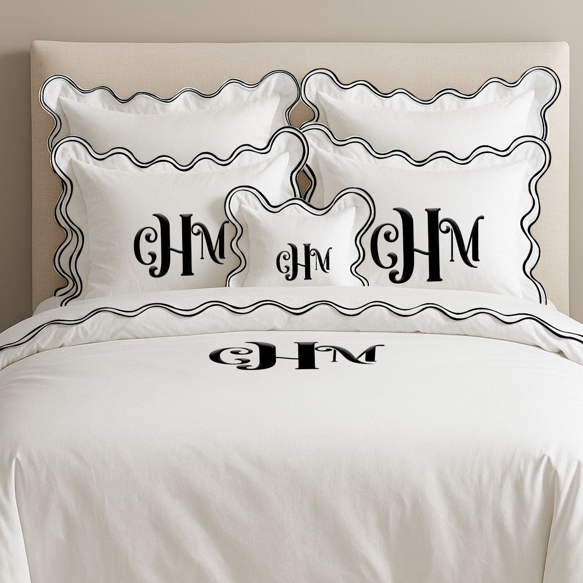 Housse de couette luxueuse en coton à monogramme et double feston