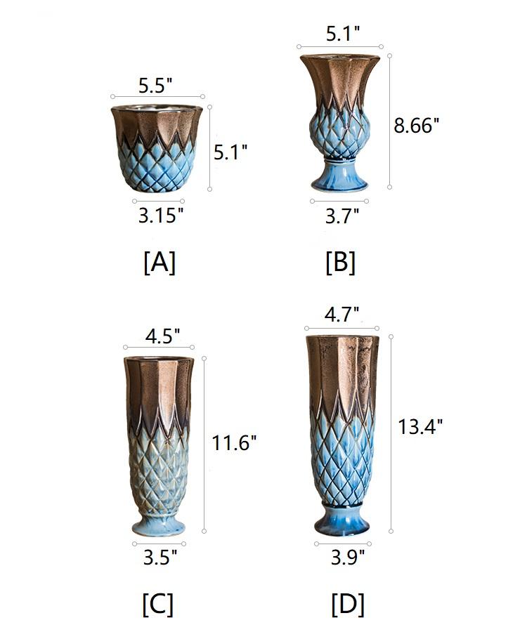 Collection de vases en céramique émaillée à motif grille bleu et or