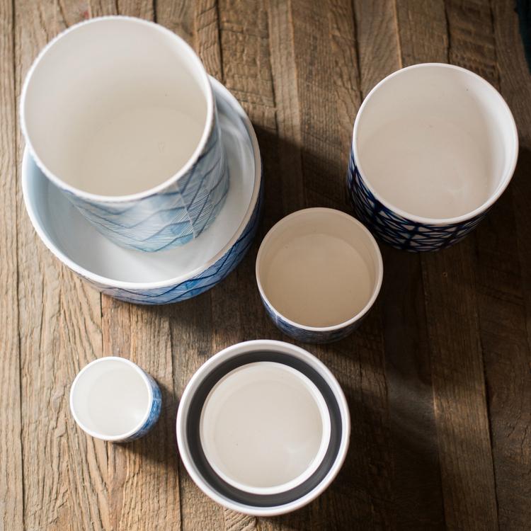 Vaso portapiante in ceramica con stampa blu in varie fantasie