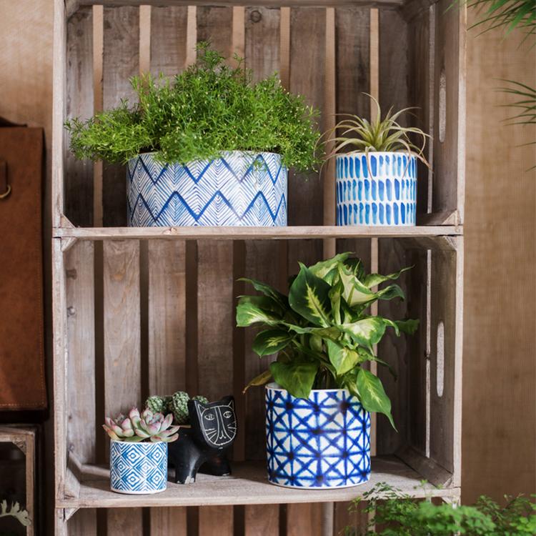 Vaso portapiante in ceramica con stampa blu in varie fantasie