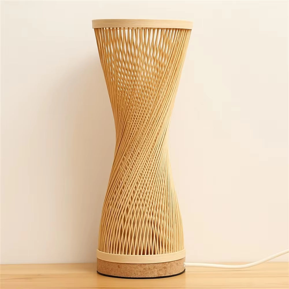 Handcrafted Bamboo Hourglass Table Lamp | Spiral Woven Accent Desk Light