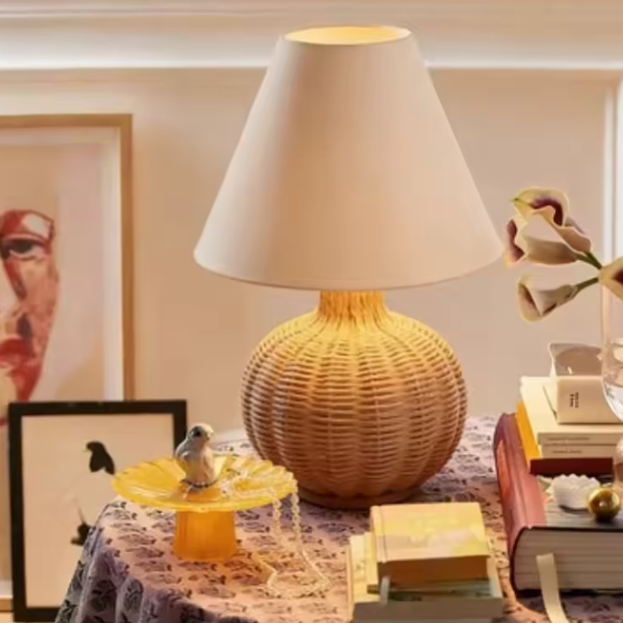 Natural Rattan and Fabric Table Light | Modern Coastal Desk Lamp
