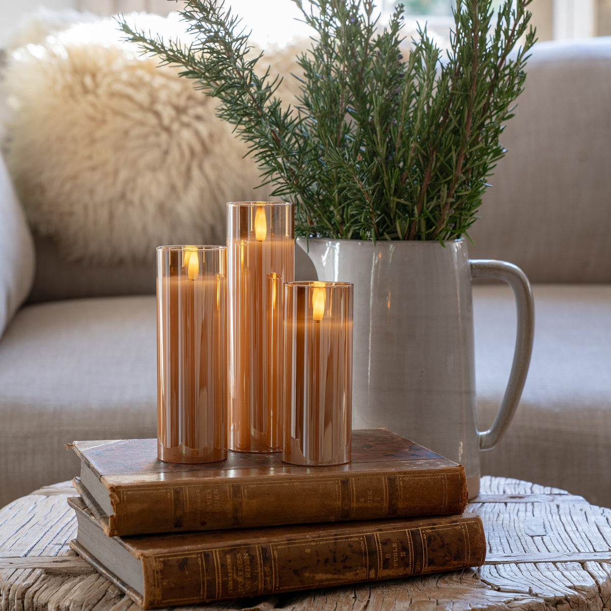 Set di 3 candele LED senza fiamma in vetro ambrato | Telecomando e timer inclusi per un'atmosfera perfetta