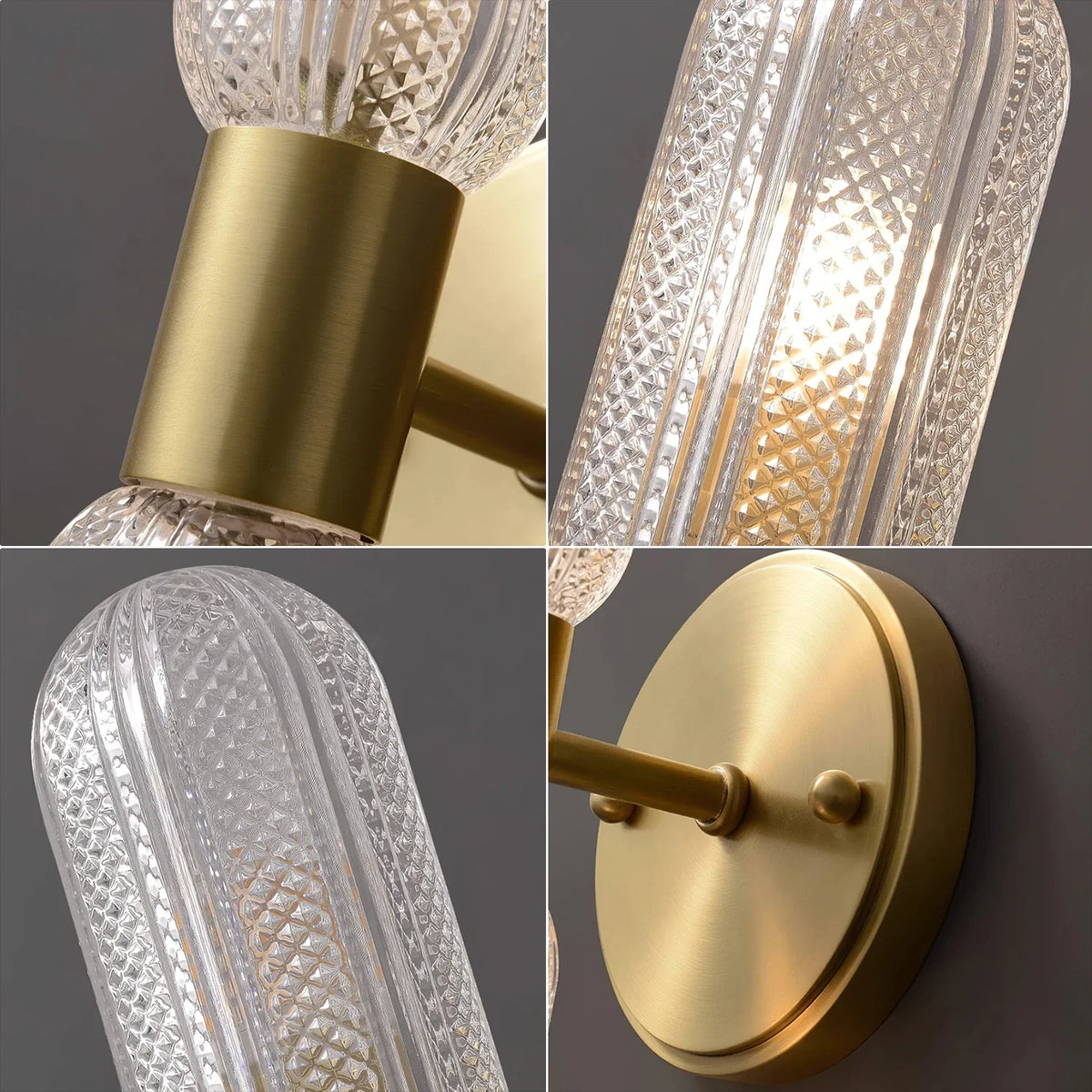 Applique murale double en verre nervuré et laiton