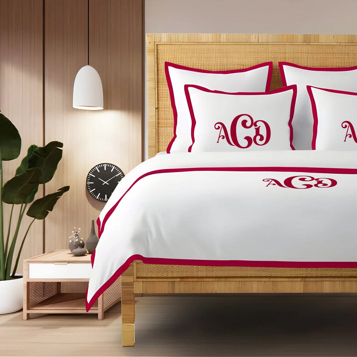 Parure de lit avec housse de couette à cadre bordé, en satin de coton 400 fils au pouce carré avec monogramme